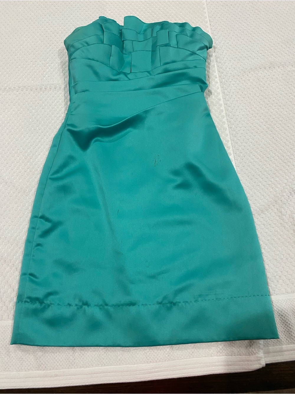 Phoebe Couture Strapless Teal Satin Sheath Dress